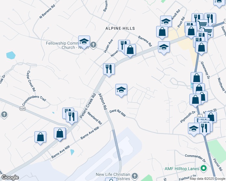 map of restaurants, bars, coffee shops, grocery stores, and more near 6143 Burlington Drive in Hollins