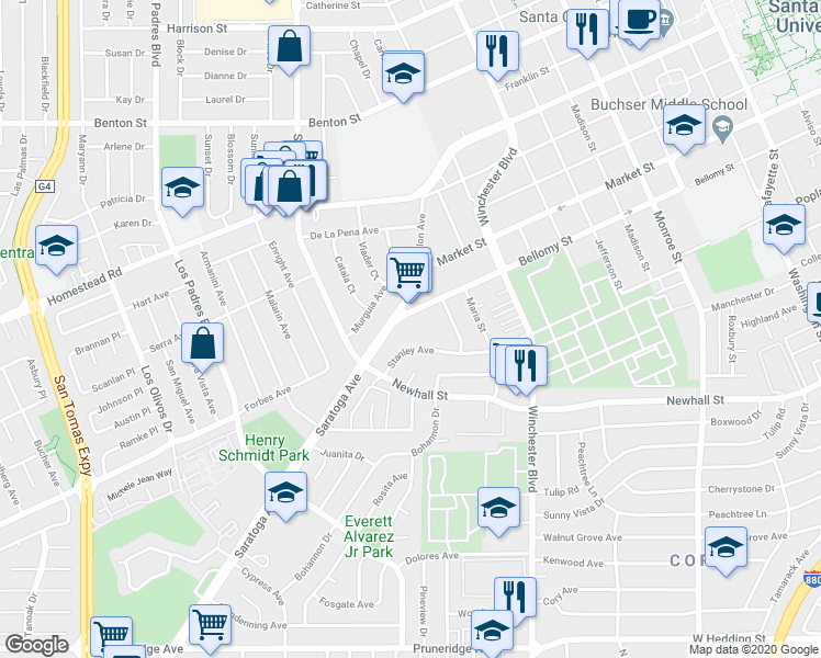 map of restaurants, bars, coffee shops, grocery stores, and more near 1985 Stanley Avenue in Santa Clara