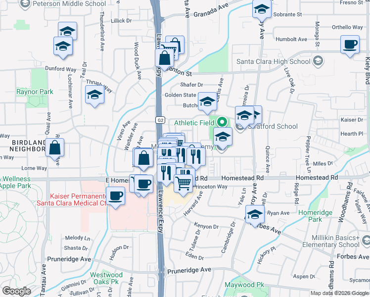 map of restaurants, bars, coffee shops, grocery stores, and more near 840 Lochinvar Avenue in Santa Clara