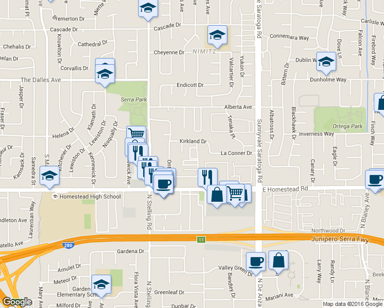 map of restaurants, bars, coffee shops, grocery stores, and more near 7385 Rainbow Dr in Cupertino