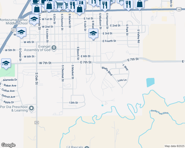 map of restaurants, bars, coffee shops, grocery stores, and more near 1065 South Washington Street in Cortez