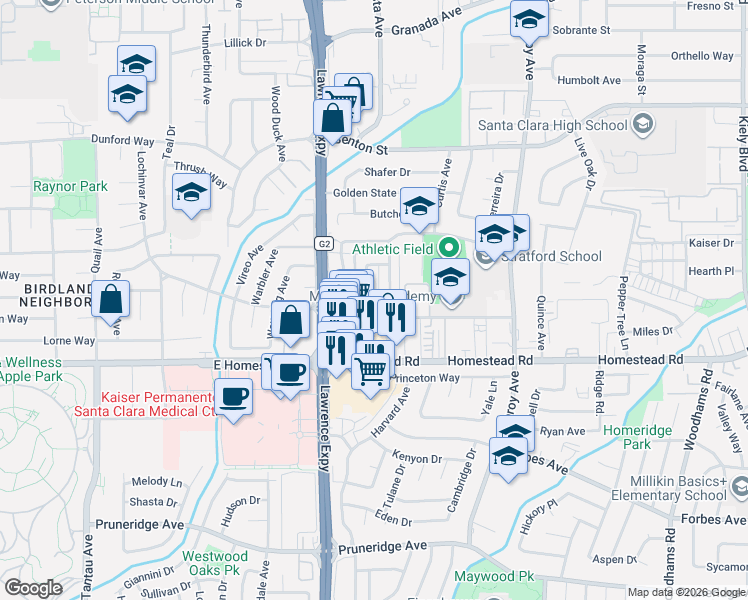 map of restaurants, bars, coffee shops, grocery stores, and more near 857 Gallatin Drive in Santa Clara