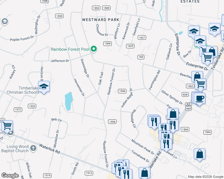 map of restaurants, bars, coffee shops, grocery stores, and more near 620 Rainbow Forest Dr in Lynchburg