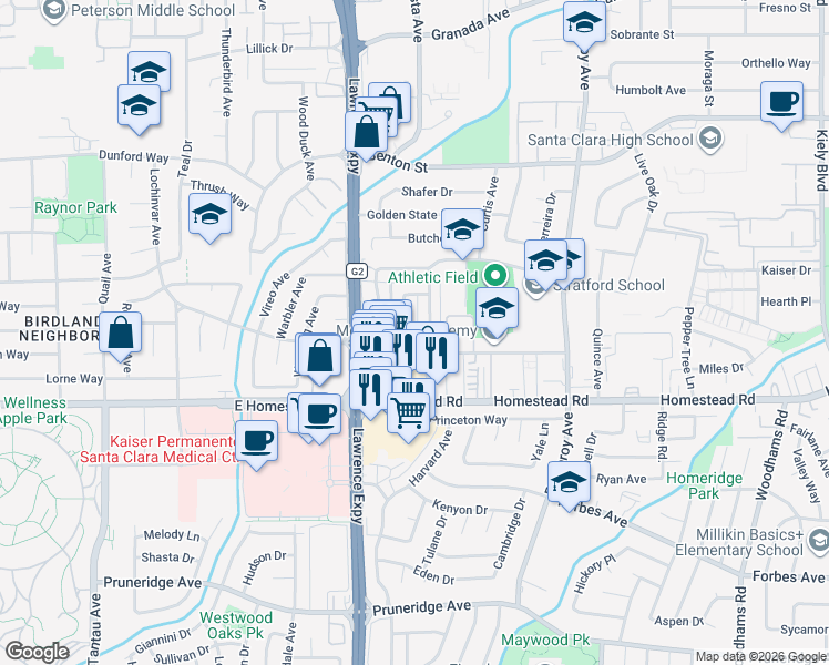 map of restaurants, bars, coffee shops, grocery stores, and more near 840 Lochinvar Avenue in Santa Clara