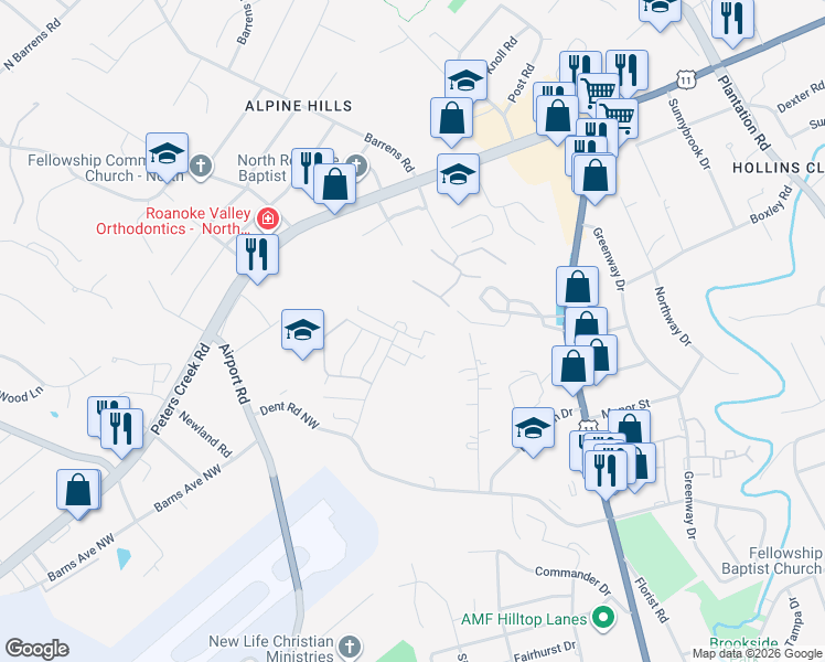 map of restaurants, bars, coffee shops, grocery stores, and more near 6503 Carefree Lane in Hollins