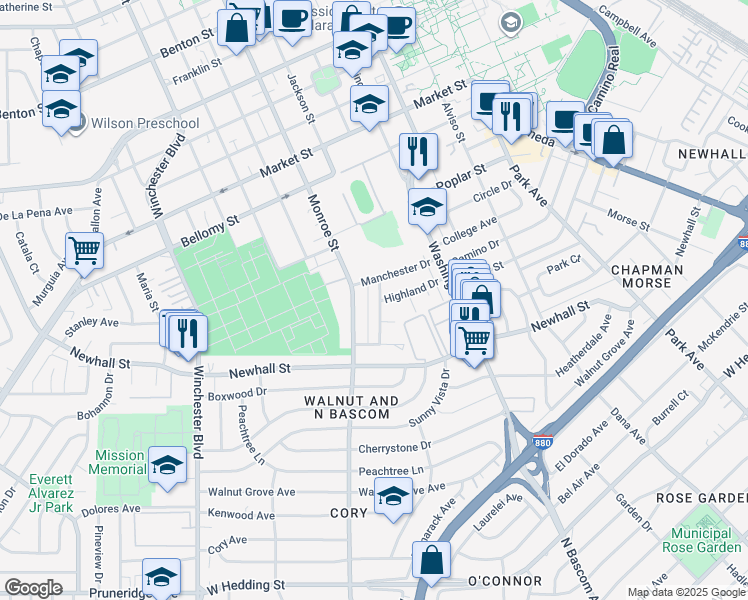 map of restaurants, bars, coffee shops, grocery stores, and more near 144 Roxbury Street in Santa Clara
