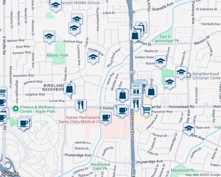 map of restaurants, bars, coffee shops, grocery stores, and more near 1620 Vireo Avenue in Sunnyvale