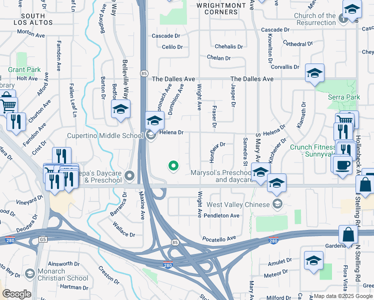 map of restaurants, bars, coffee shops, grocery stores, and more near 1649 Edmonton Avenue in Sunnyvale