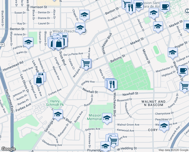 map of restaurants, bars, coffee shops, grocery stores, and more near 450 California Street in Santa Clara