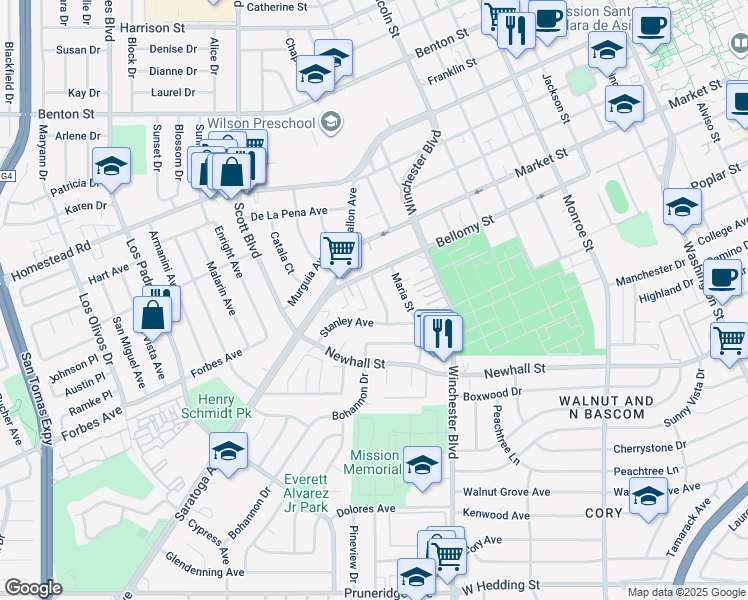 map of restaurants, bars, coffee shops, grocery stores, and more near 450 California Street in Santa Clara
