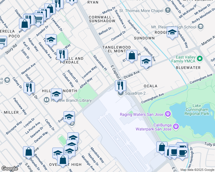 map of restaurants, bars, coffee shops, grocery stores, and more near 2475 Ocala Avenue in San Jose
