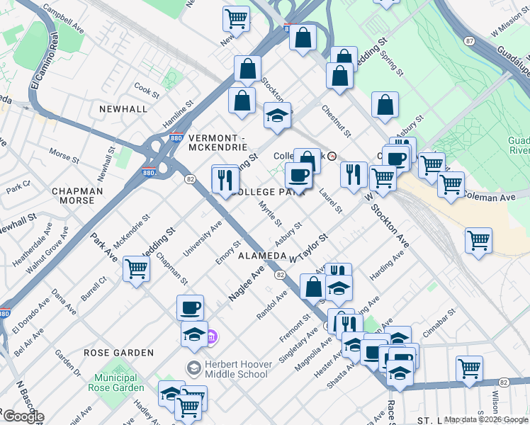 map of restaurants, bars, coffee shops, grocery stores, and more near 1035 Emory Street in San Jose