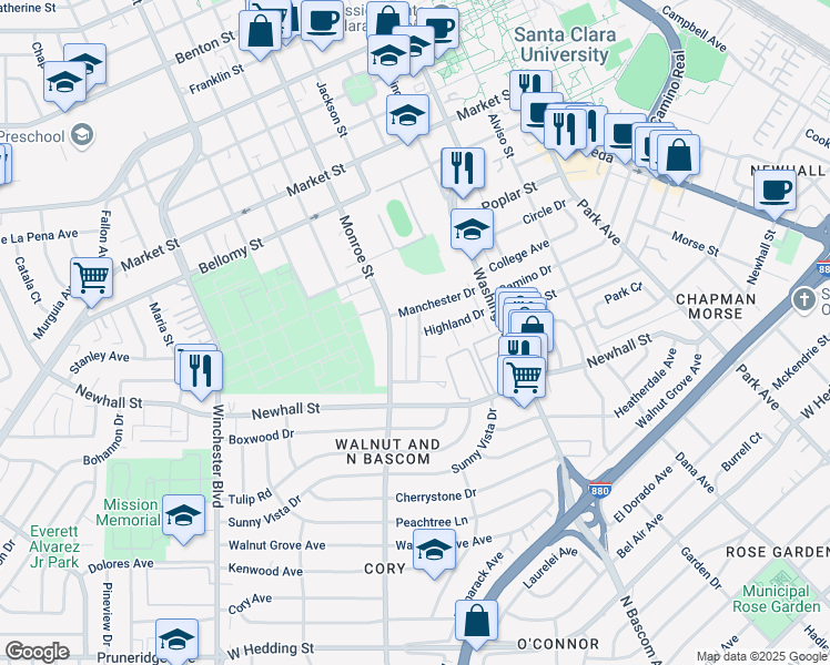 map of restaurants, bars, coffee shops, grocery stores, and more near 144 Roxbury Street in Santa Clara