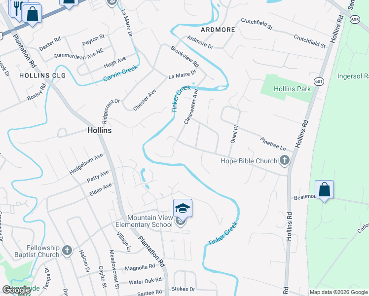 map of restaurants, bars, coffee shops, grocery stores, and more near 6812 Trevilian Road in Hollins