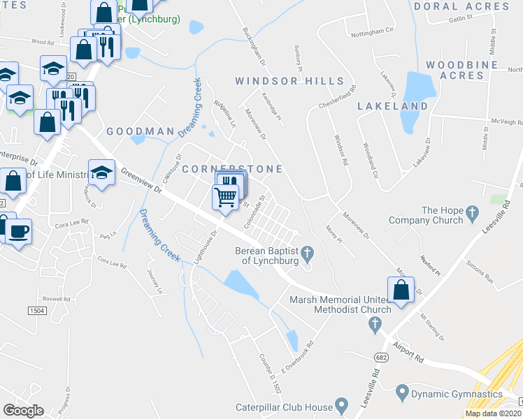 map of restaurants, bars, coffee shops, grocery stores, and more near 202 Colonnade Street in Lynchburg