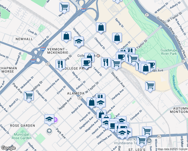 map of restaurants, bars, coffee shops, grocery stores, and more near 860 Asbury Street in San Jose