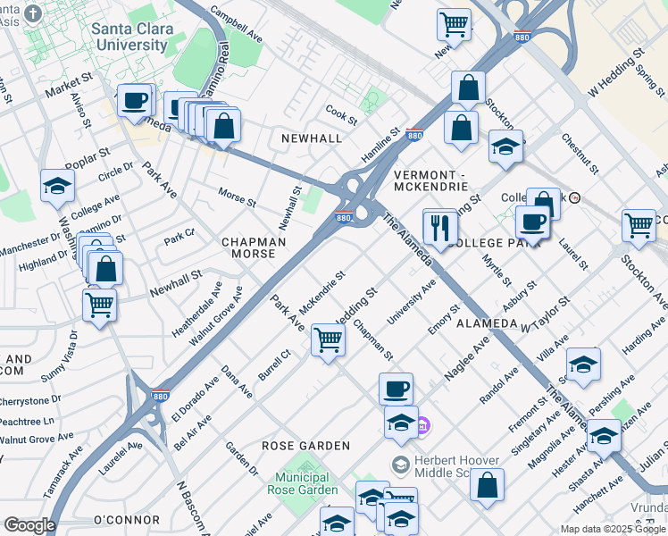 map of restaurants, bars, coffee shops, grocery stores, and more near 1295 McKendrie Street in San Jose