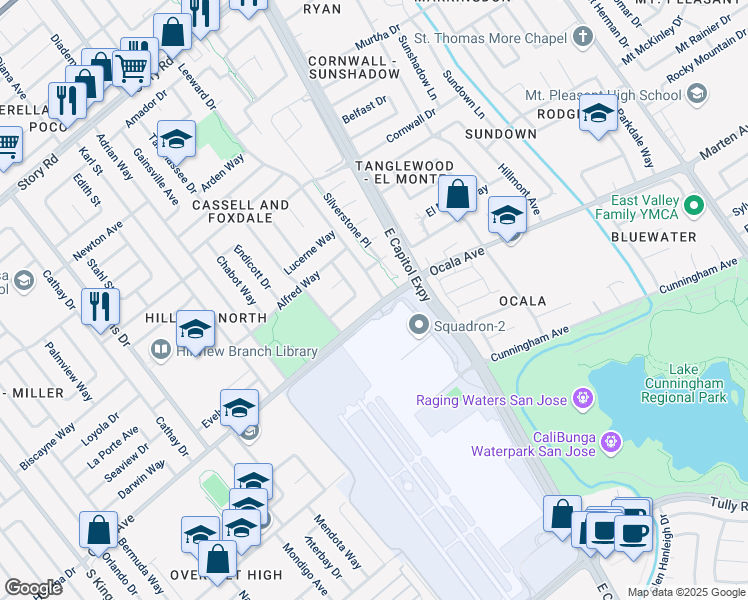 map of restaurants, bars, coffee shops, grocery stores, and more near 2475 Ocala Avenue in San Jose