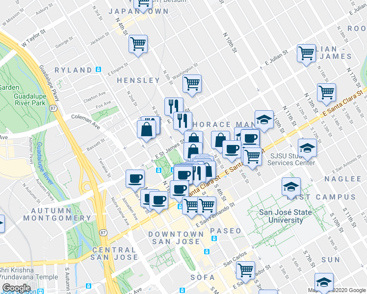 map of restaurants, bars, coffee shops, grocery stores, and more near in San Jose