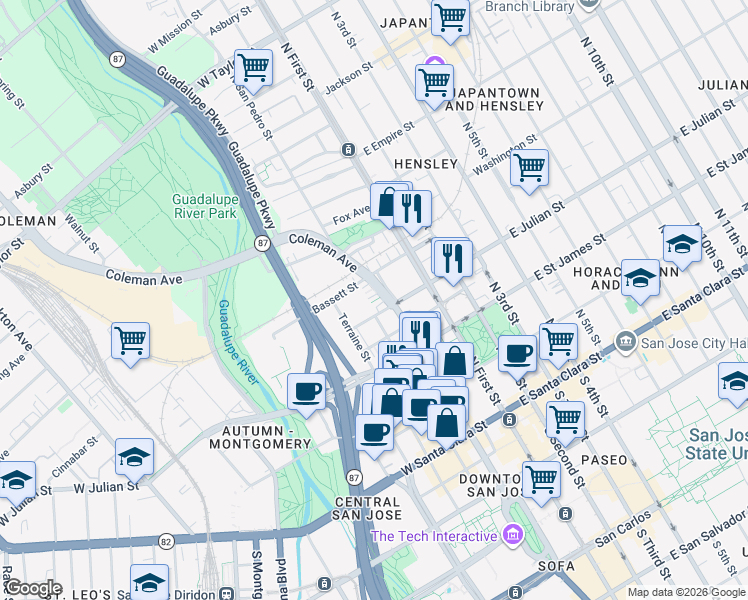 map of restaurants, bars, coffee shops, grocery stores, and more near in San Jose
