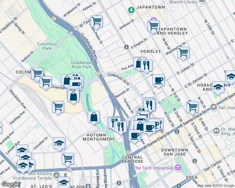 map of restaurants, bars, coffee shops, grocery stores, and more near 255 Bassett Street in San Jose