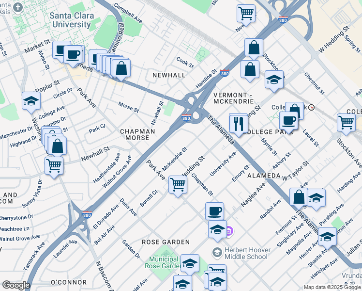 map of restaurants, bars, coffee shops, grocery stores, and more near 1295 McKendrie Street in San Jose