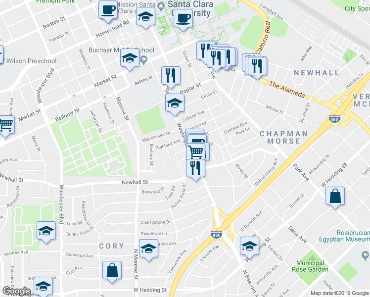 map of restaurants, bars, coffee shops, grocery stores, and more near 50 Washington Street in Santa Clara
