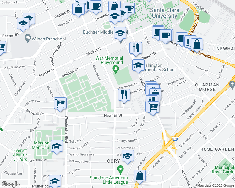 map of restaurants, bars, coffee shops, grocery stores, and more near 94 Roxbury Street in Santa Clara