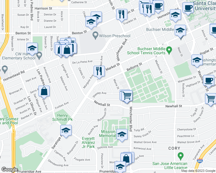 map of restaurants, bars, coffee shops, grocery stores, and more near 400 California Street in Santa Clara