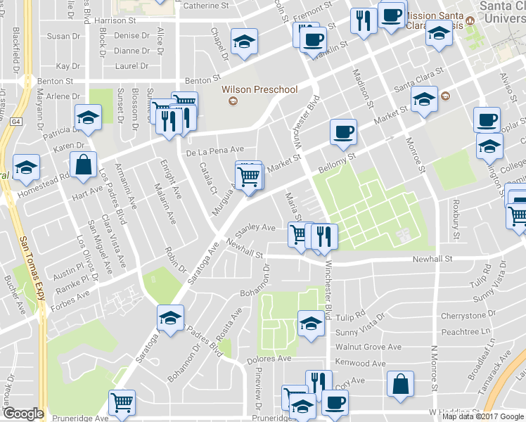 map of restaurants, bars, coffee shops, grocery stores, and more near 1985 Stanley Avenue in Santa Clara
