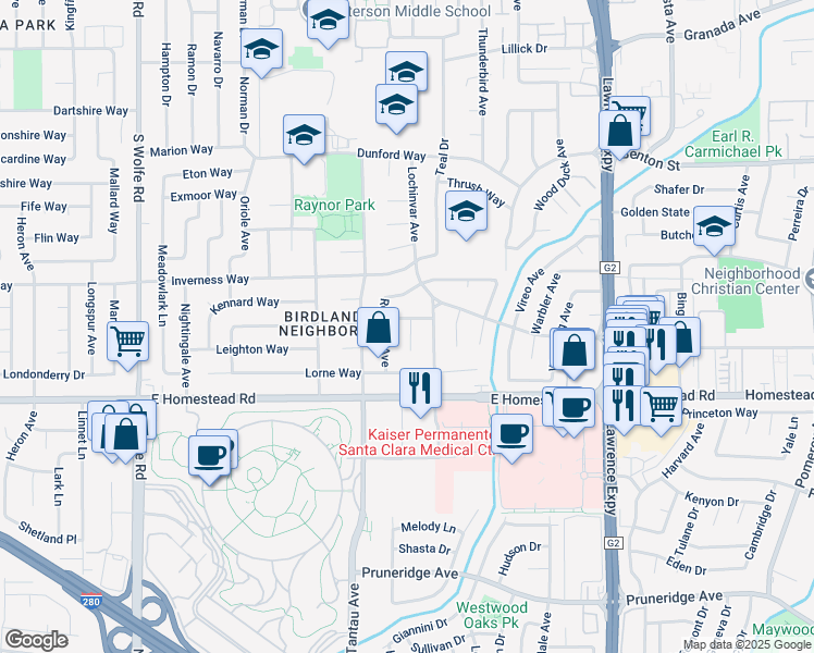 map of restaurants, bars, coffee shops, grocery stores, and more near 1639 Sparrow Court in Sunnyvale