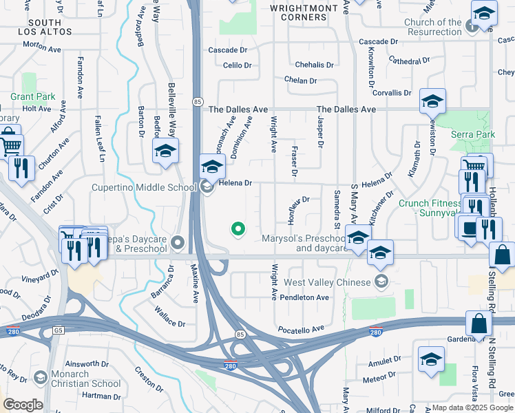 map of restaurants, bars, coffee shops, grocery stores, and more near 1649 Edmonton Avenue in Sunnyvale