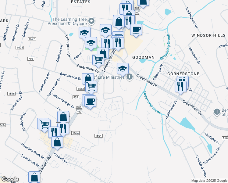 map of restaurants, bars, coffee shops, grocery stores, and more near 189 Oakdale Circle in Lynchburg