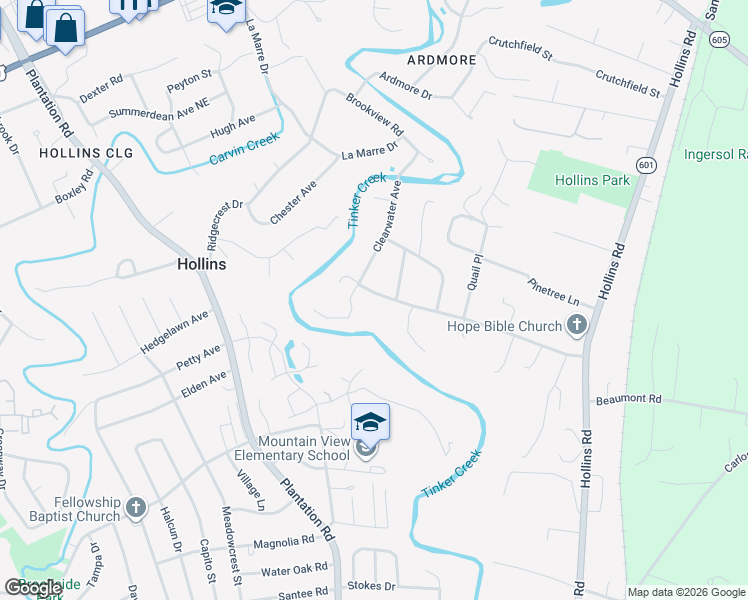 map of restaurants, bars, coffee shops, grocery stores, and more near 6812 Trevilian Road in Hollins