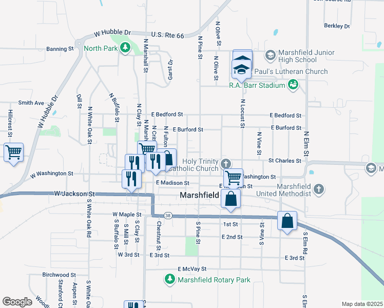 map of restaurants, bars, coffee shops, grocery stores, and more near 213 North Pine Street in Marshfield