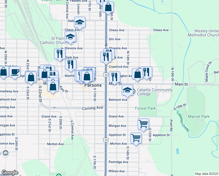 map of restaurants, bars, coffee shops, grocery stores, and more near 1514 Broadway Avenue in Parsons
