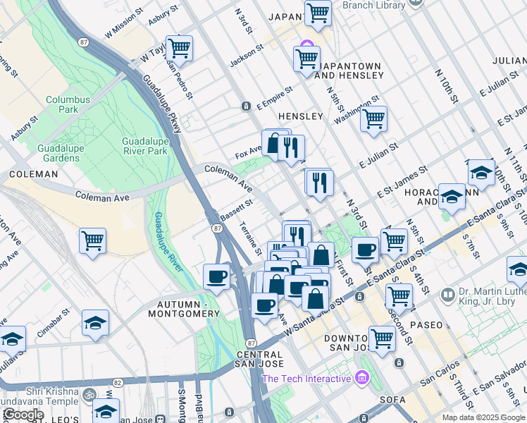 map of restaurants, bars, coffee shops, grocery stores, and more near 182 Nexus Loop in San Jose