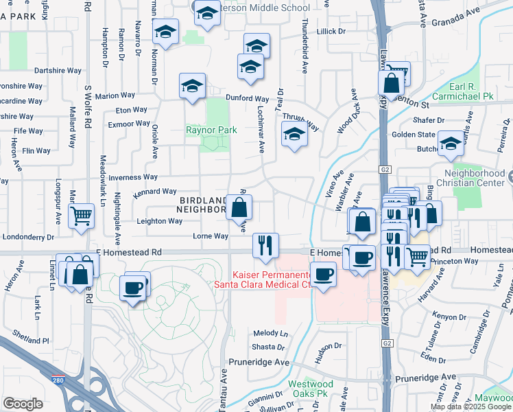 map of restaurants, bars, coffee shops, grocery stores, and more near 1639 Sparrow Court in Sunnyvale