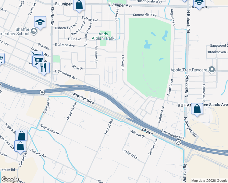 map of restaurants, bars, coffee shops, grocery stores, and more near 901 East Broadway Avenue in Atwater
