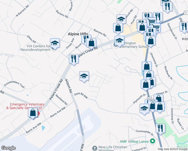 map of restaurants, bars, coffee shops, grocery stores, and more near 6854 Village Green Drive in Roanoke