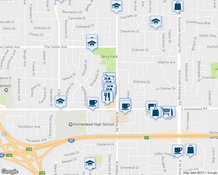 map of restaurants, bars, coffee shops, grocery stores, and more near 1627 Hollenbeck Avenue in Sunnyvale