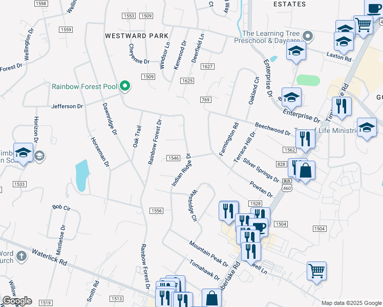 map of restaurants, bars, coffee shops, grocery stores, and more near 435 Indian Ridge Drive in Lynchburg