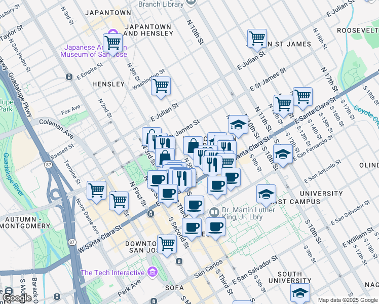 map of restaurants, bars, coffee shops, grocery stores, and more near 219 East Saint John Street in San Jose