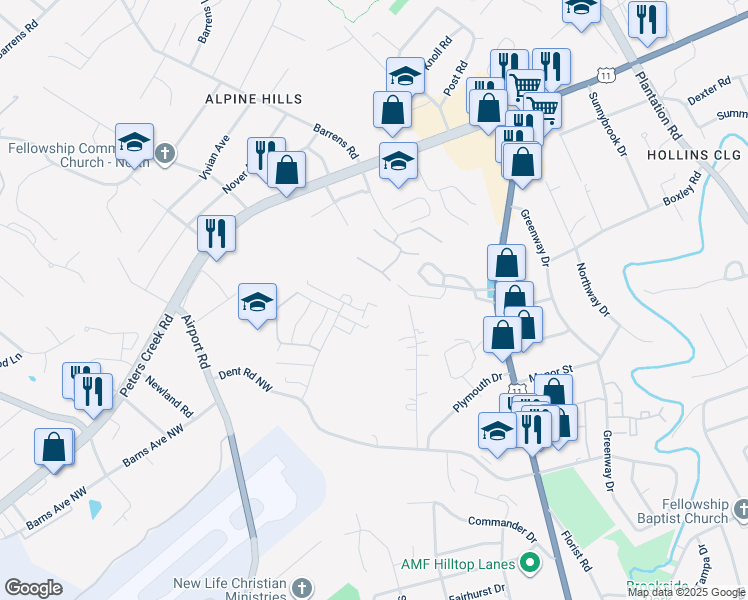 map of restaurants, bars, coffee shops, grocery stores, and more near 6491 Carefree Lane in Roanoke