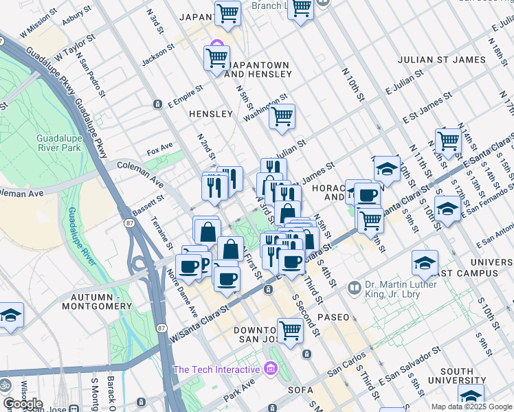 map of restaurants, bars, coffee shops, grocery stores, and more near 97 East Saint James Street in San Jose