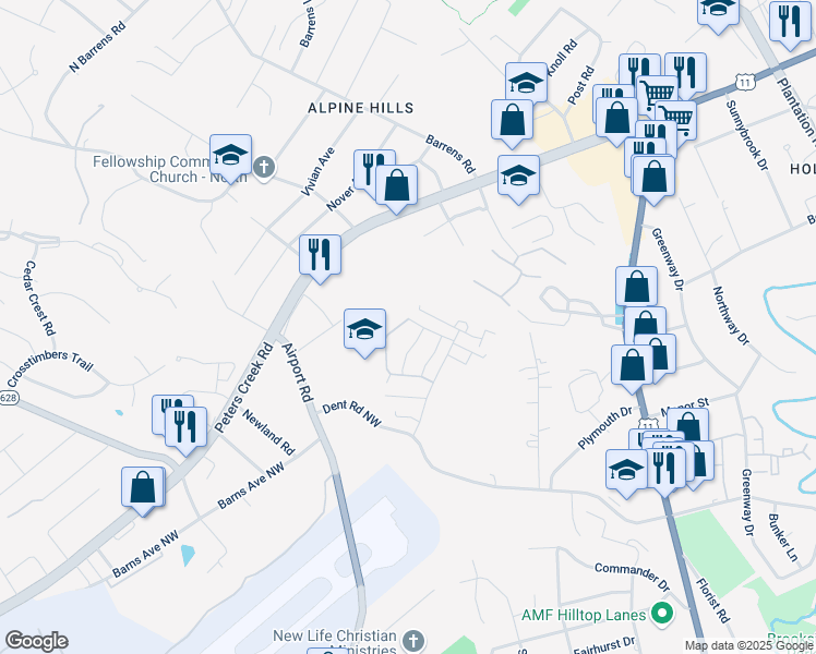 map of restaurants, bars, coffee shops, grocery stores, and more near 6849 Village Green Drive in Roanoke