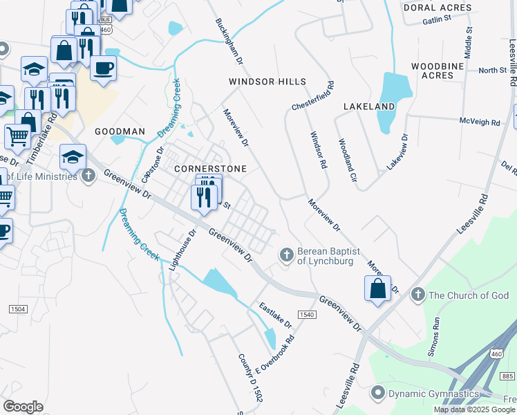 map of restaurants, bars, coffee shops, grocery stores, and more near 517 Capstone Drive in Lynchburg