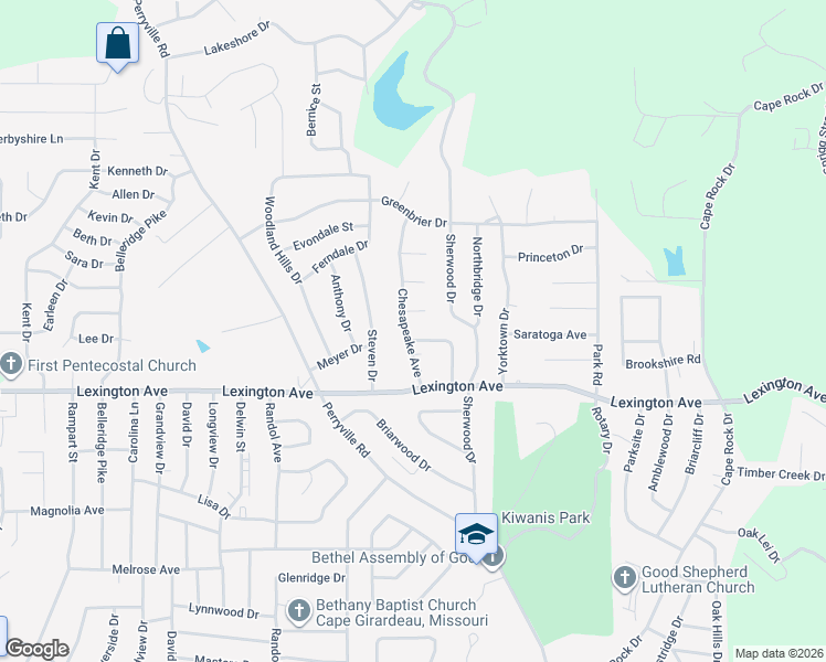 map of restaurants, bars, coffee shops, grocery stores, and more near 2039 Chesapeake Avenue in Cape Girardeau