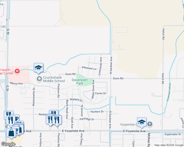 map of restaurants, bars, coffee shops, grocery stores, and more near 4008 Strolling Court in Merced