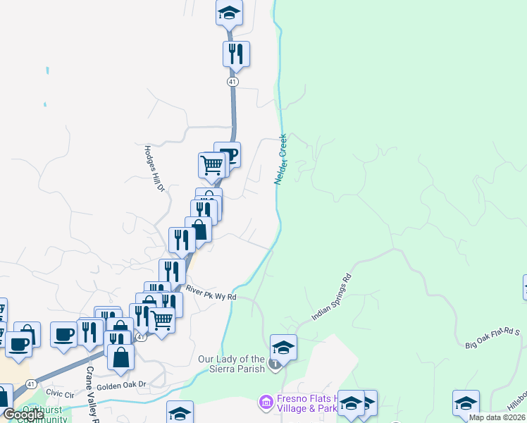 map of restaurants, bars, coffee shops, grocery stores, and more near 40669 Country Lane in Oakhurst